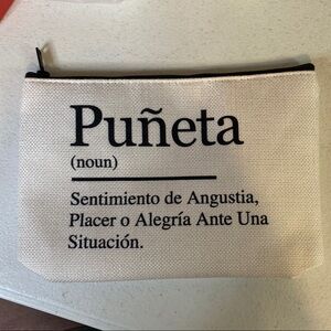 White Canvas Zipper Pouch with Black Text